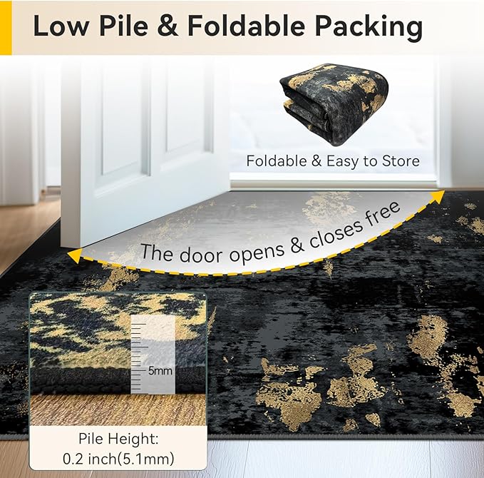 Washable Area Rugs 5'x8' Non-Slip Modern Abstract Soft for Living Room Entryway Bedroom Nursery, Print Pattern, Dark Black Gold