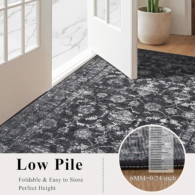 Washable Area Rug 8x10 Black Rugs for Living Room, Vintage Boho Large Rug for Bedroom Dining Room Office, Distressed Floral Print Carpet for Under Table, Soft Non Slip Low Pile Throw Carpet Indoor Mat