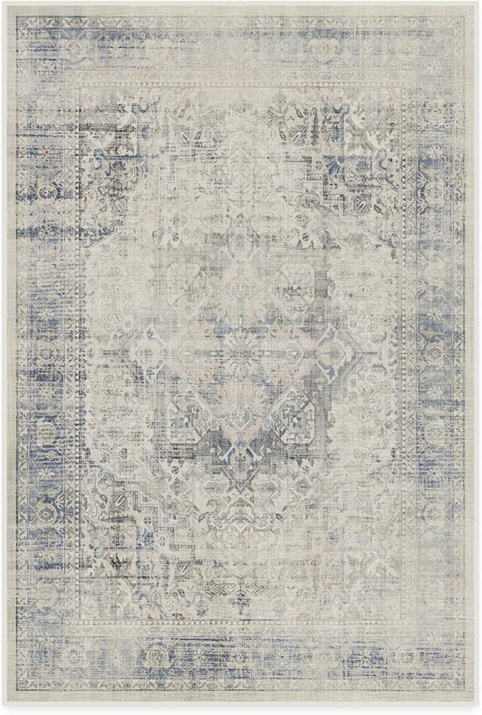 RUGGABLE Washable Vintage Area Rug – Kamran Blue Quartz 4x6, Stain-Resistant, Non-Slip – Medium Machine Washable Rugs for Living Room, Bedroom, Hallway, Entryway & Office–with Cushioned Pad