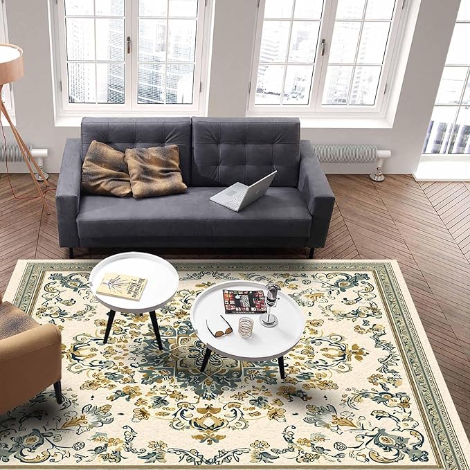 Bohemian Rectangular Area Rugs for Living Room Bedroom 2.8 x 5 ft Vintage Farmhouse Floral Pattern Non-Shedding Soft Low Pile Rug Non Slip Washable Rug for Nursery Entryway Playroom