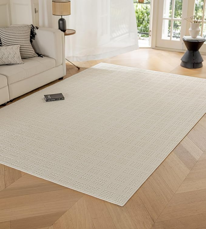 jxgzyy Beige Area Rug, 0.36'' Thick Low Pile Textured Rug, Modern Aesthetic Solid Carpet for High Traffic Area, Stain-Resistant Kitchen Rug with Non-Slip Backing, 5x7