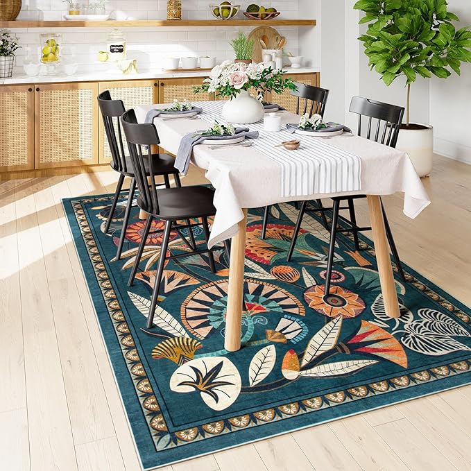 Boho Egypt Green Area Rugs for Living Room Bedroom, 5x7 Washable Large Dining Room Rug Non Slip, Floral Vintage Farmhouse Throw Carpet for Office Hardwood Floor Playroom (Dark Green,5 x 7)