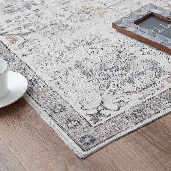 jinchan Kalen Area Rug 5x7 Washable Living Room Rug Vintage Indoor Floor Cover Retro Accent Mat Distressed Gray Floral Country Boho Non Slip Thin Carpet for Bedroom Kitchen Dining Room Office Grey