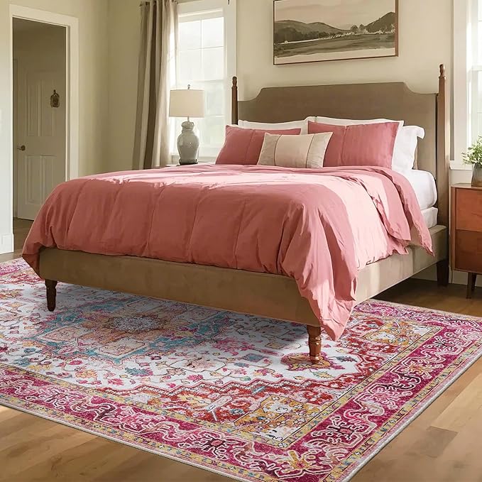 Washable Area Rugs 3x5, Low Pile Super Soft Carpet, Vitnage Distressed Rug for Bedroom, Living Room, Dining Room, Non-Slip, Low Pile, Blue, Plum
