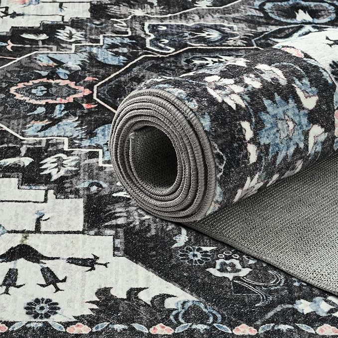 Beglad Area Rugs 5x7 for Living Room, Bedroom, Washable Vintage Rugs -Low Pile Soft Distressed Rugs for Kitchen, Dining Room, Non Shedding, Black and Blue