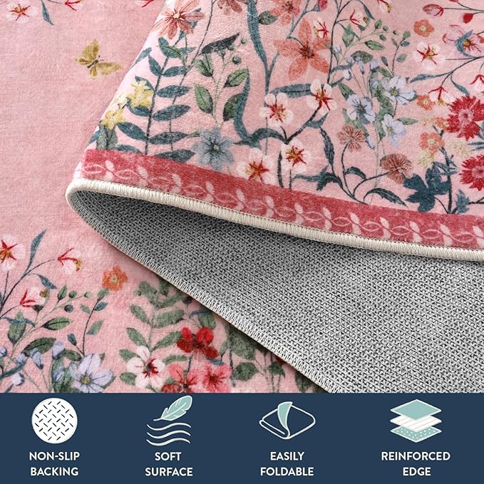 Lahome Boho Floral 2'6"x8 Pink Bathroom Runner Rugs Non Slip Washable,Soft Runners for Hallways,Indoor Carpet Runner with Rubber Backing for Entryway Kitchen Laundry(Pink,2'6"x8)