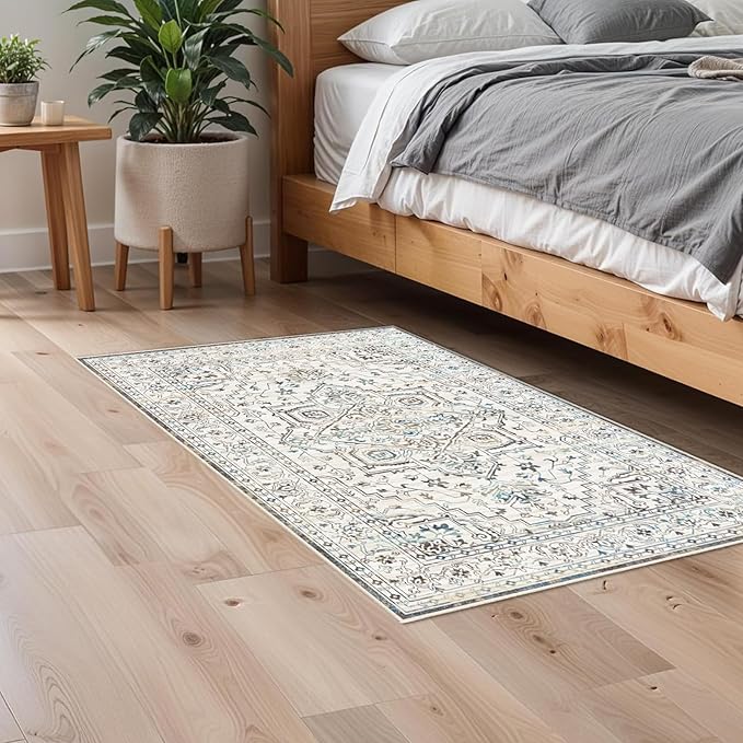 Enkor Area Soft Rugs 2x3 Washable Non Slip Boho Small Floor Entryway Rugs for Hallway, Vintage Style Farmhouse Mat for Kitchen White & Grey