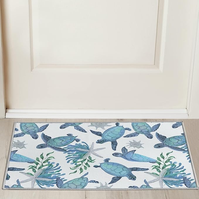 Tritard Coastal Sea Turtles 2x3 Area Rugs - Small Machine Washable Foldable Throw Rugs Non-Slip Beach Themed Entryway Doormat Indoor Entrance Carpet for Kitchen Bathroom Laundry Bedroom Living Room