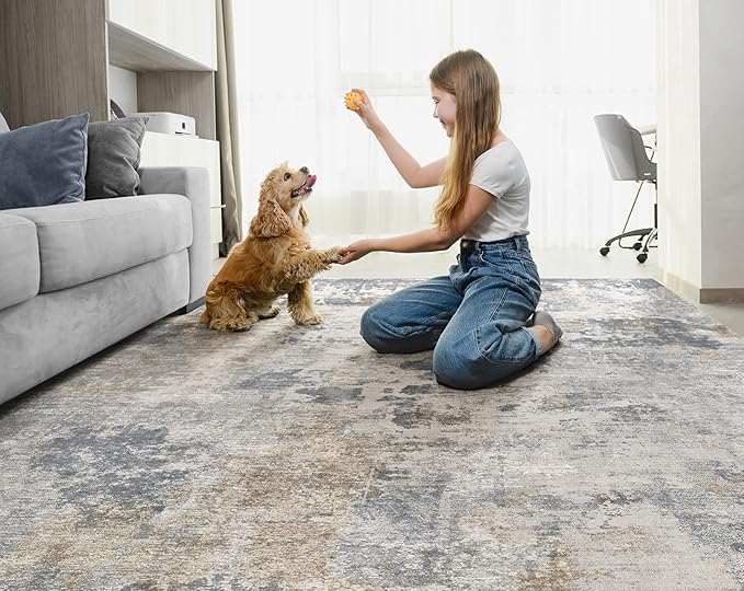 5x8 Area Rug Living Room Rugs - Washable Neutral Modern Abstract Soft Thin Large Rug Indoor Floor No Slip Rug Carpet for Bedroom Under Dining Table Home Office Decor - Blue Grey