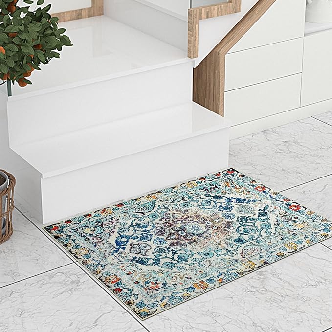 Easy-Going Boho Area Rug 3x5 Entryway Rug Washable Inside Door Mats for Home Entrance Non-Slip Medallion Distressed Small Rugs for Entry Living Room Bedroom Kitchen Lightweight Carpet, Vintage Multi