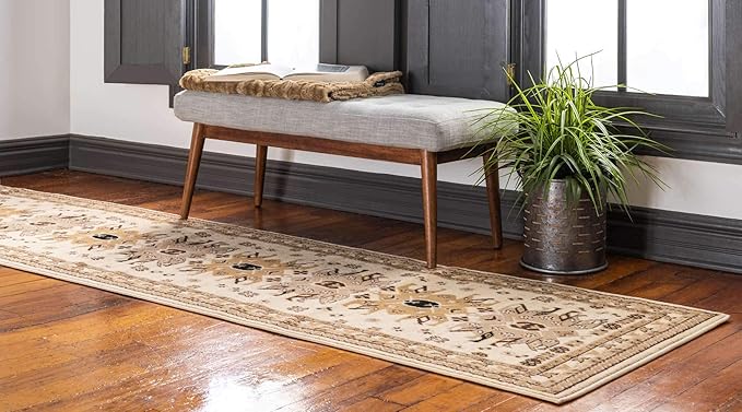 Unique Loom Taftan Collection Border Geometric Tribal Inspired Design Area Rug (3' 0 x 16' 5 Runner, Ivory/ Tan)