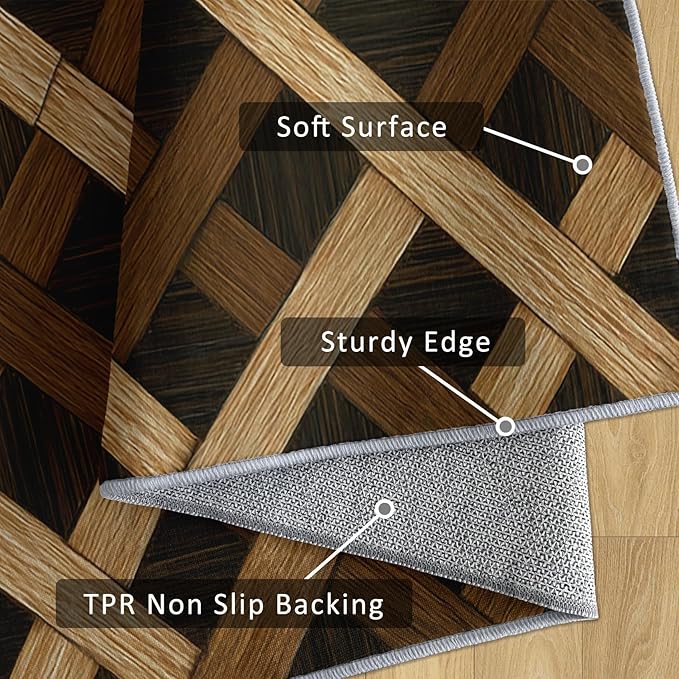 Checkered Rug, Washable 6x9 Rug for Living Room, Wood Grain Patterned Indoor Carpet, Checkered Geometric Decor for Home, Bedroom, Soft Non Slip Thin Design FER31