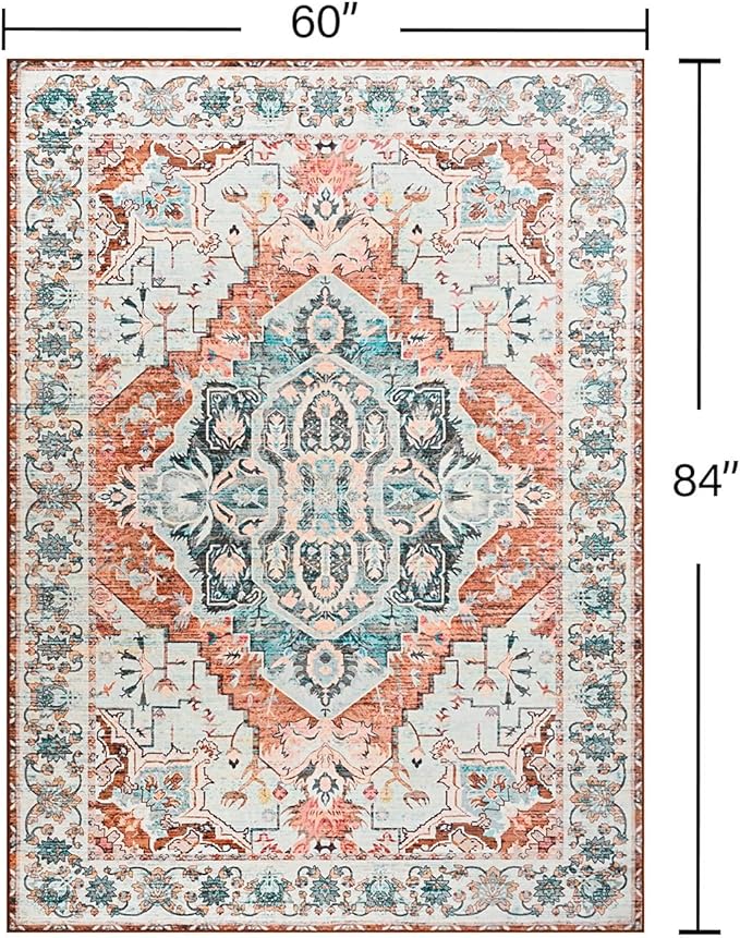 YJ.GWL Area Rugs for Living Room 5x7 Machine Washable Rugs, Non Slip Floral Vintage Rug Indoor Carpet, Stain Resistant Large Rug for Bedroom Dining Room, Copper Tan