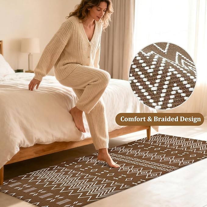 Boho Runners for Hallways,2x5 ft Washable Kitchen Runner,Non Slip Rubber Backed Braided Runners,Cotton Entryway Runner Rugs,Faux Jute Rug for Indoor Backdoor Bedroom,Brown/White