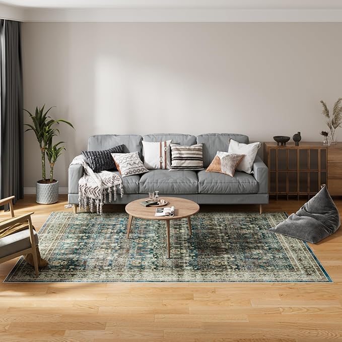 Dripex 9x12 Area Rugs - Stain Resistant Washable Rug DistressedRugs for Living Room Dining Room Bedroom Anti-Slip Low-Pile and Soft Accent Rug Farmhouse Office Home Decor, Pet & Child Friendly