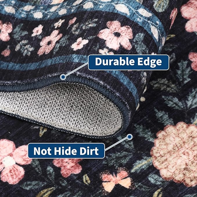 GarveeHome Washable Runner Rug 2 x 6 Non-Slip Non-Shedding Soft Vintage Bedside Rug, Low Pile Farmhouse Floral Carpet, Indoor Foldable Printed Entryway Rug for Hallway Kitchen, Dark Grey Blue