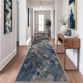 Abstract Washable Runner Rug: Modern 2x10 Hallway Runner for Kitchen Stain Resistant Non Slip - Thin Low Pile for Entryway Indoor - Blue Gold