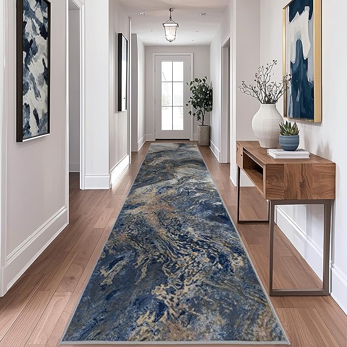 Abstract Washable Runner Rug: Modern 2x10 Hallway Runner for Kitchen Stain Resistant Non Slip - Thin Low Pile for Entryway Indoor - Blue Gold