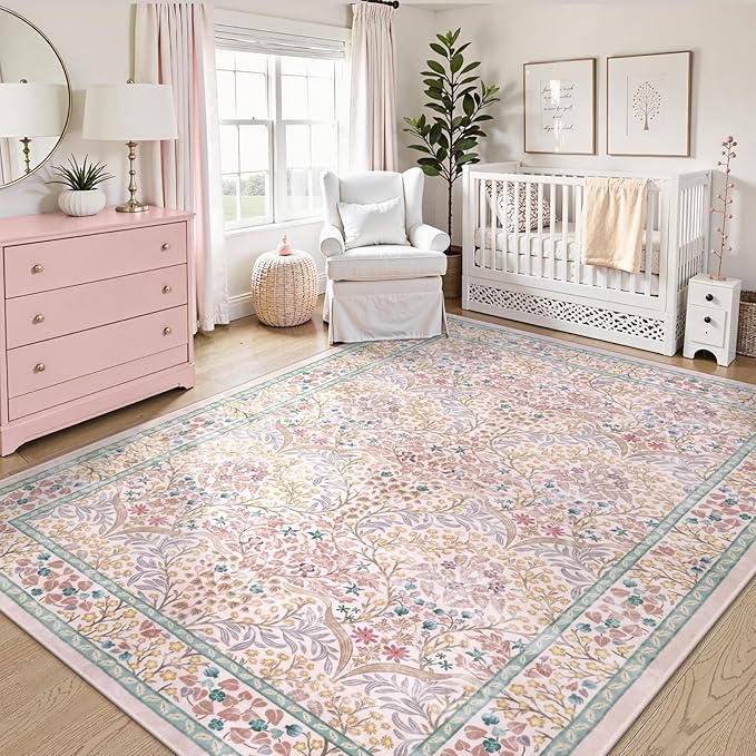 Lahome Floral Washable Rugs 8x10, Soft 8x10 Area Rugs for Living Room Bedroom, Boho Non-Slip Pink Forest Design Large Throw Carpet for Farmhouse Dining Room Office, Pink