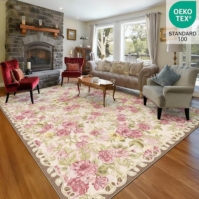 8x10 Machine Washable Area Rug for Living Room, Pink Vintage Boho Floral Rug Large Non-Slip Low Pile Soft Faux Wool Carpet, Kids and Pets Friendly for Bedroom Dining Room Farmhouse Home Decor Rug