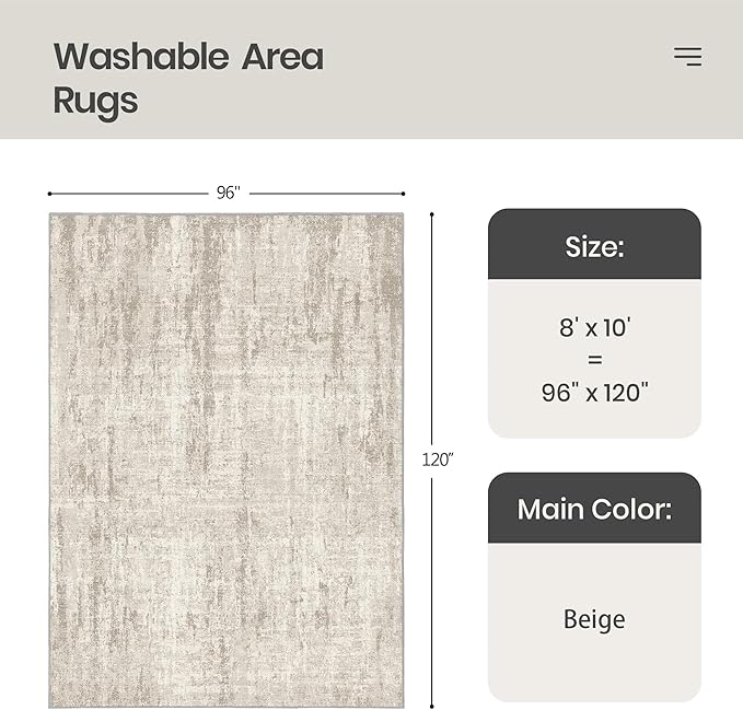 Valenrug Washable Rug 8x10 - Stain Resistant 8x10 Area Rugs for Living Room, Non Slip Backing Printed Rugs for Bedroom, Folable Machine Washable Area Rug(Beige,8'x10')
