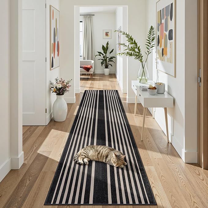 Beeiva Black and White Striped Runner Rug, 2.5x8 Washable Geometric Rugs for Hallway, Non Slip Rubber Backing Indoor Runner Rugs Modern Floor Carpet for Bedroom Bathroom Porch Entryway Rug