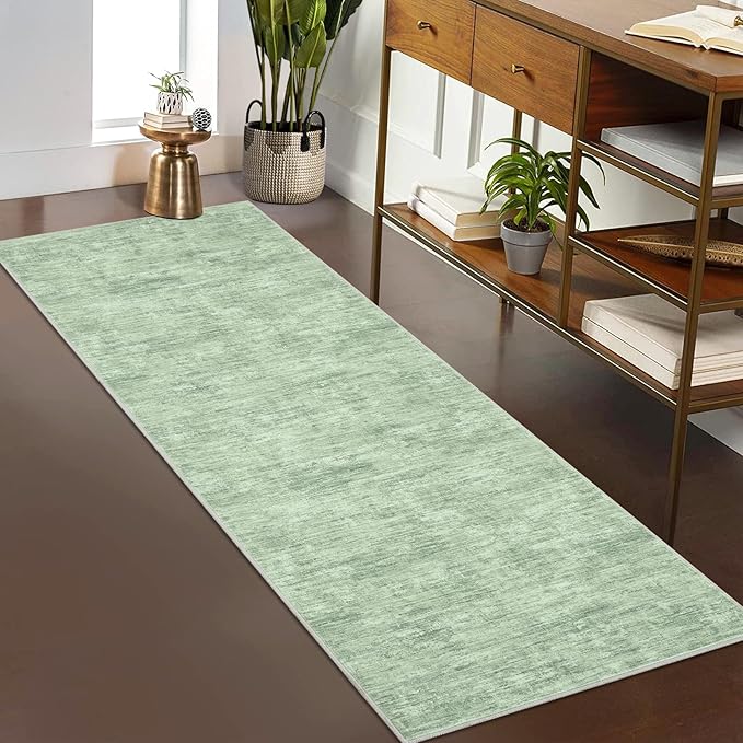 RUGSREAL Hallway Runner Rug 2.5x10 Long Kitchen Rug with Rubber Backing Low Pile Stain Resistant Entryway Carpet Washable Modern Solid Color Runner for Living Room Bedroom, Green