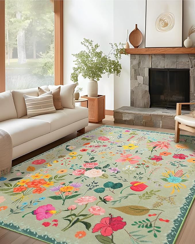 Boho Washable Area Rug 5x7 – Floral Low Pile Non-Slip Carpet for Living Room, Bedroom, Office, Playroom, Entryway, Kitchen, Dining Room (Green)
