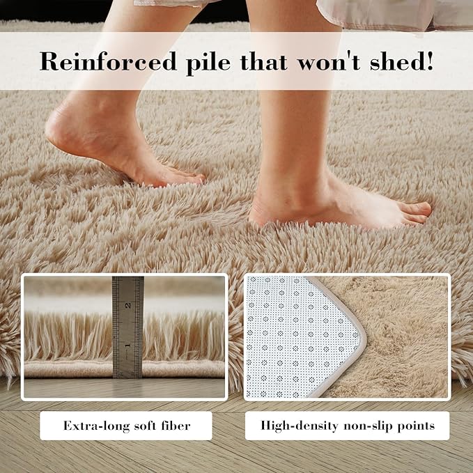 Fluffy Rug Shaggy Area Rug, Beige 3x5 Area Rugs for Bedroom, Small Bedside Rug, Soft Fluffy Shaggy Entryway Throw Rugs for Living Room Bedroom Kids Room Home Decor