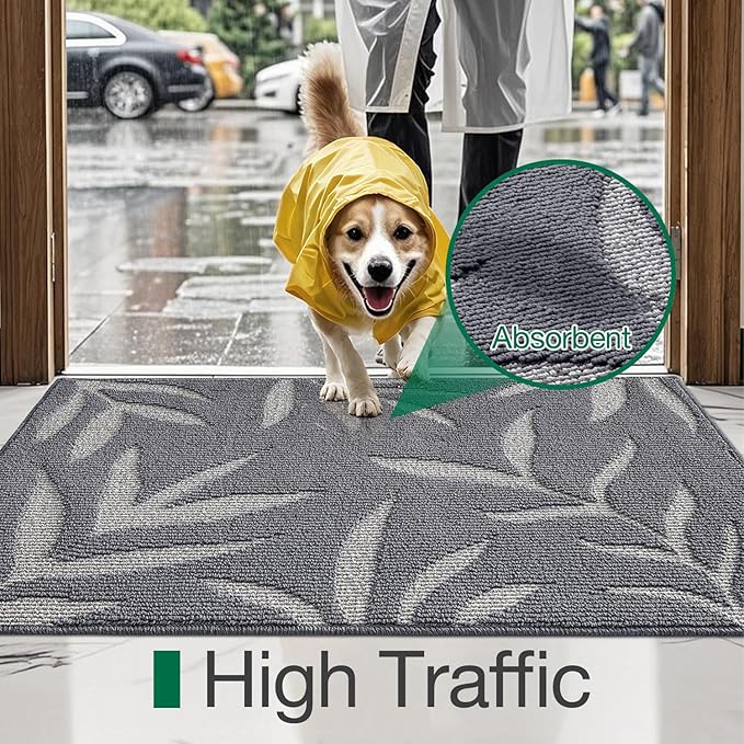 LUMI Indoor Door Mat 36x60, Washable Front Doormat with Welcome Leaf Pattern, Non-Slip Rubber Back Absorbent Mats for Entrance, Patio, Garage, Light Grey