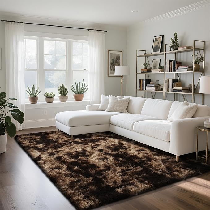 Fluffy Rug Shaggy Area Rug, Mottling Brown 4x6 Area Rugs for Bedroom, Small Bedside Rug, Soft Fluffy Shaggy Entryway Throw Rugs for Living Room Bedroom Kids Room Home Decor