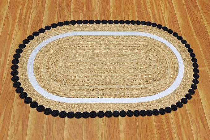 Oval Jute Runner 4x12 Flatweave Kilim Runner Hand Braided Jute Thick 0.27" Solid Pattern Black Beige Natural Oval Handmade Boho Indoor Outdoor Rugs for Hallway Enterway Corridor