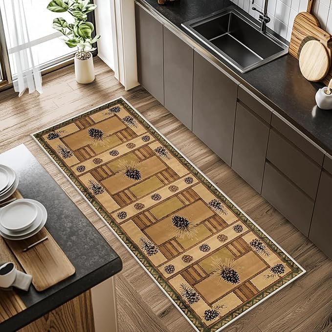 Pinecone Runner Rug, 3x12ft Rustic Country Style Hallway Runner Rug - Corridor & Foyer Area Rugs, Washable Non-Slip Mat, Country Home Decor Carpet for Indoor Living Room Hallway Spaces