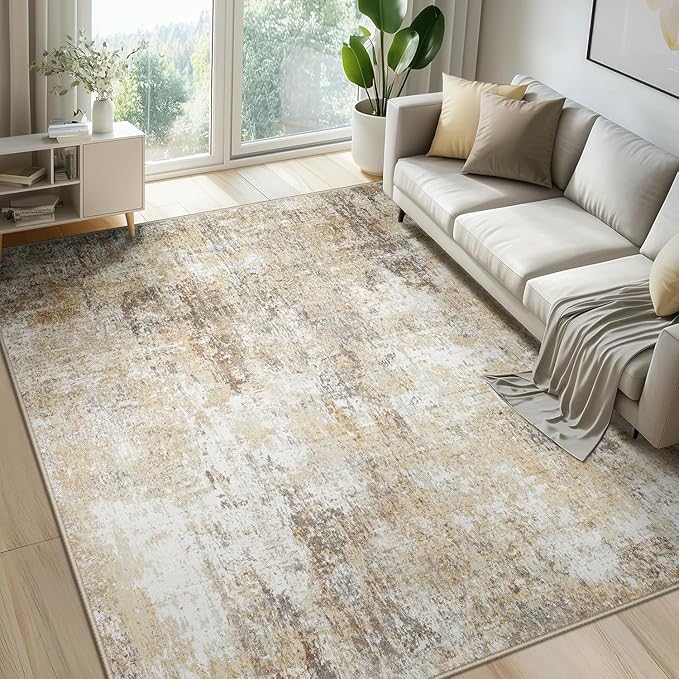 Washable Area Rugs 8ft Non-Slip Modern Abstract Soft for Living Room Entryway Bedroom Nursery, Print Pattern, Neutral Brown Gray