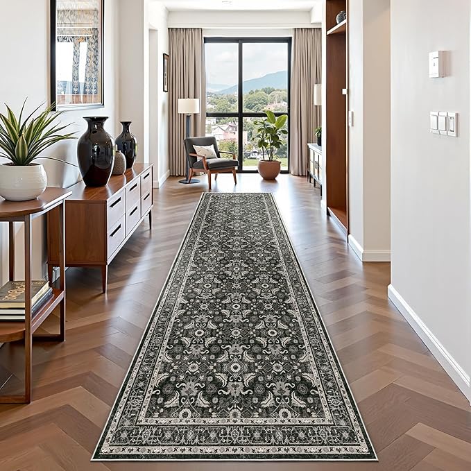 WITSHOCK Living Room Area Rugs 3x10: Soft Non-Slip Backing Washable Rugs Vintage Large Carpet for Bedroom Office Dining Room Kitchen Stain Resistant Home Decor Rug,Black
