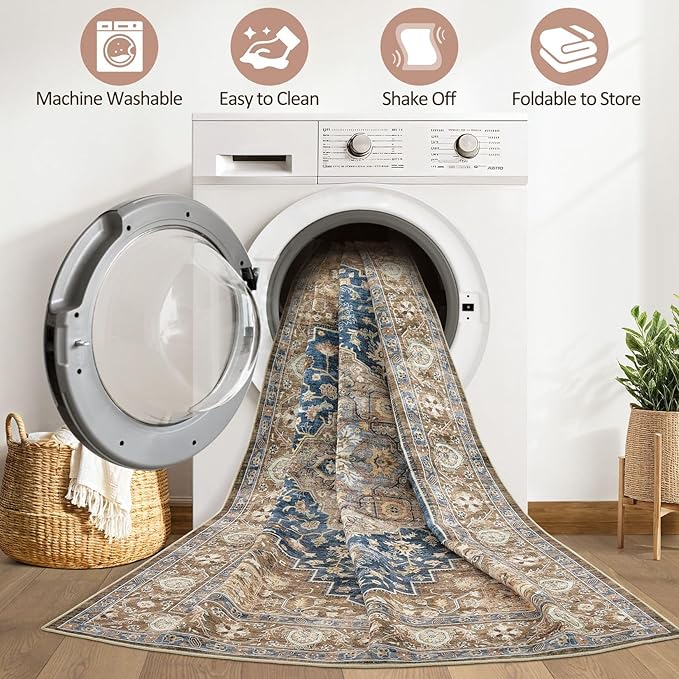 8x10 Area Rugs Living Room: Washable Boho Large Neutral Vintage Soft Rug Stain Resistant Farmhouse Non-Slip Indoor Floor Carpet for Bedroom Nursery Kids Office Dining Room Playroom- Yellow Blue