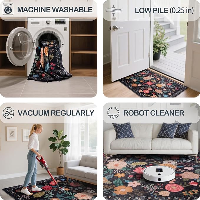 Door Mat Indoor Entrance 2x3 Rug Non-Slip Bathroom Small Rugs Stain Resistant Washable Rug for Kitchen Vintage Floral Entry Rug Front Door Mat (2x3 Black)