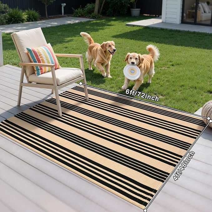 Black and Khaki Striped Outdoor Rug 4x6 ft, Washable Cotton Woven Patio Rug, Reversible Foldable Front Porch Decor Indoor Outdoor Rugs for Farmhouse/Living Room