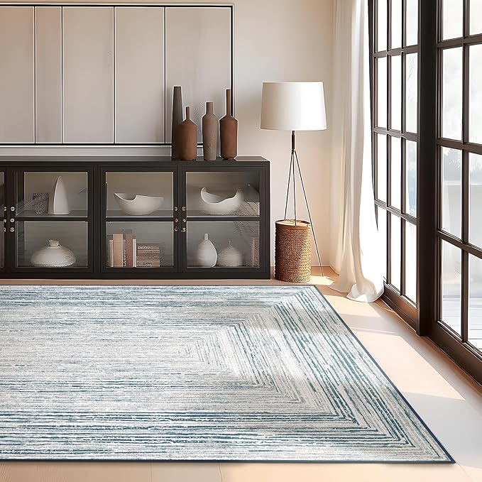 Phantoscope Washable Area Rug 4'x6' Non-Slip, Modern Neutral Boho Rugs for Living Room, Bedroom, DiningRoom, Distressed Geometric Rectangle Pattern, Low-Pile Foldable Floor Carpet, Coastal Blue/Grey