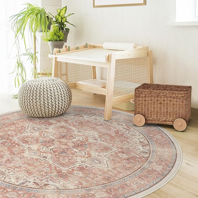 RUGGABLE Washable Area Rug – Kamran Rose Pink 6 ft Round, Stain-Resistant, Non-Slip – Medium Machine Washable Rugs for Living Room, Bedroom, Hallway, Entryway & Office–with Standard Pad