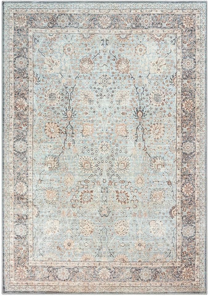 GLN Rugs Traditional Collection - Machine Washable Area Rug, Traditional Washable, Non Slip, Low Pile Chenille Rug, Living Room, Bedroom, Kitchen Rug (5' x 7' Light Blue)