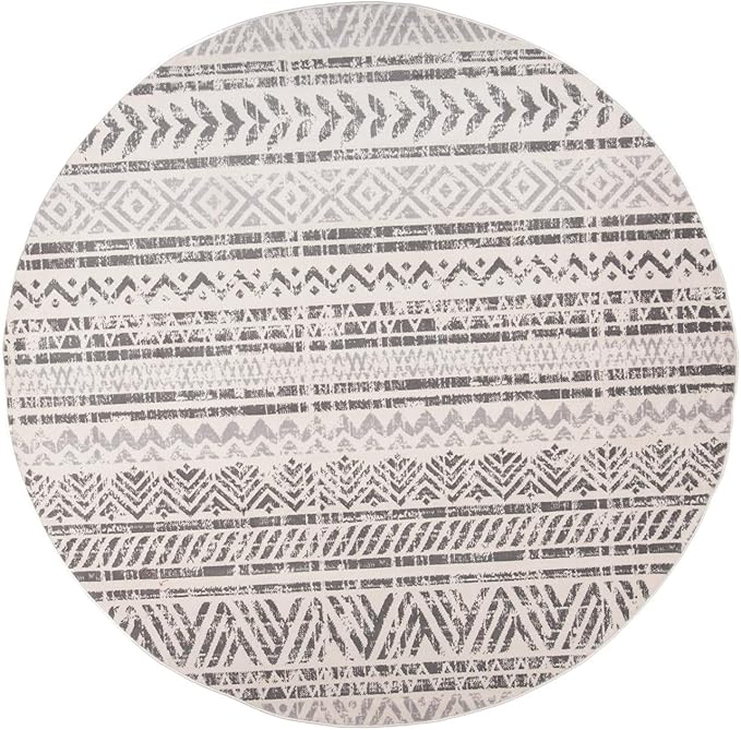 Rugshop Geometric Boho Round Rug – Gray Tribal Pattern, Perfect for Dining Room, Bedroom, Living Room, 8' Round