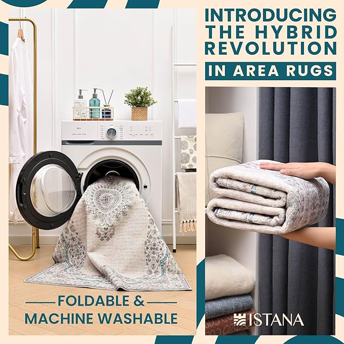 Istana 4x6 Rug - White Cream & Blue Area Rugs 4x6 - Kid & Pet Friendly Machine Washable Rugs - 4 x 6 Area Rug Non Slip & Non Shedding Area Rug - Foldable Rug for Room for Bedroom