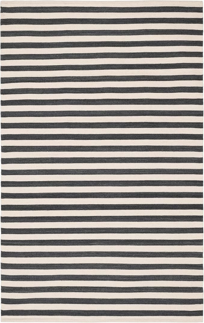 Home Conservatory Ladder Stripe Black/Ivory Handwoven Wool 6 X 9 Feet, Black/Ivory Stripe Pattern