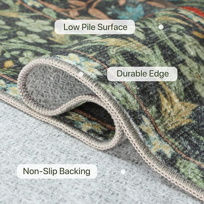 Bavni 6x9 Area Rugs for Living Room, Floral Rug Machine Washable Non Slip, Vintage Boho Forest Carpet, Soft Low Pile Thin Lightweight Rugs for Bedroom, Farmhouse, Dining Room Office, Emerald Green
