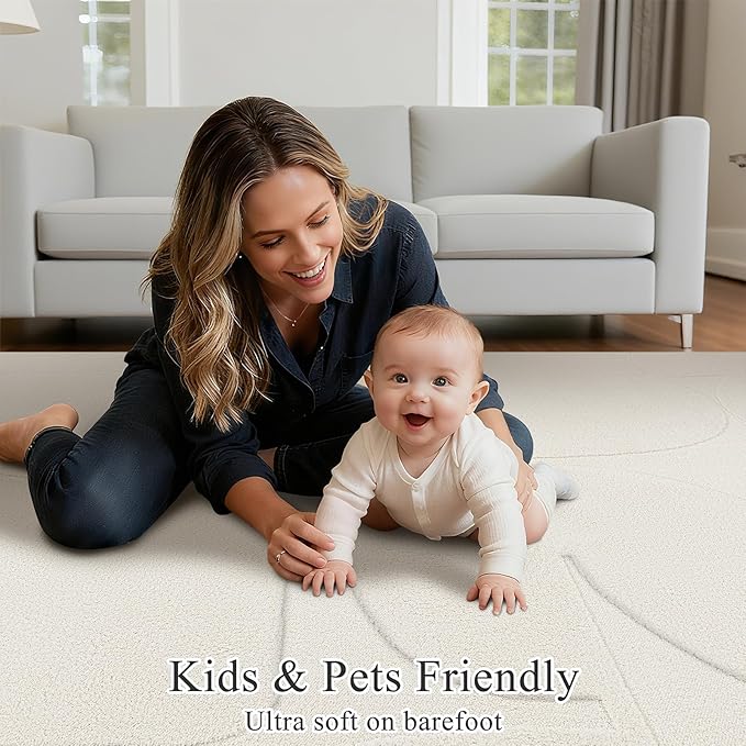 SHACOS Soft Cozy Fluffy Abstract Geometric High Low Pile Area Rugs 3'x5' Non Slip Washable Scandinavian Minimalist Rug Modern Carpet for Living Room Bedroom Bathroom, Cream