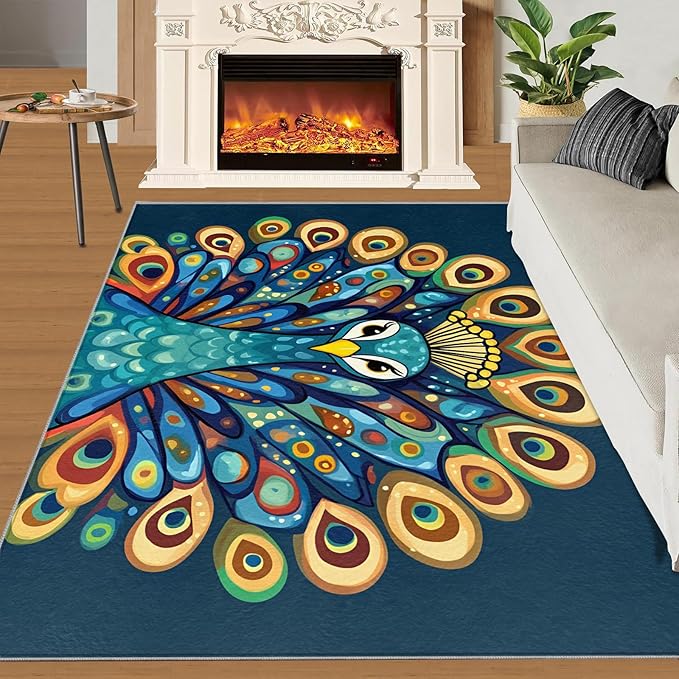 Boho Peacock Rugs for Living Room - 5x7 Rug, Peacock Decor Area Rugs for Bedroom, Teal Turquoise Rug, Modern Style Washable Carpet, Aesthetics Carpet - Peafowl Home Decor & Gifts