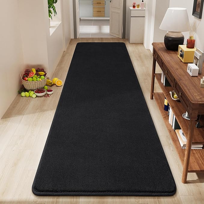 Amearea Modern Soft Hallway Runner Rug, 3x10 Feet Washable Long Runner Rugs for Hallway, Black Fluffy Bedroom Bedside Rugs, Non Slip Memory Foam Rug Carpet for Entrance Kitchen Living Room Home Decor