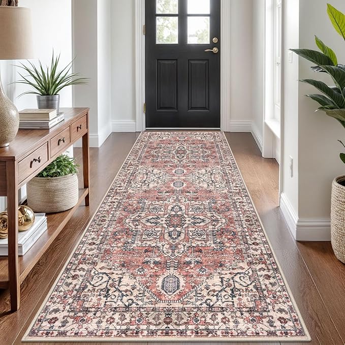 KOZYFLY Boho Runner Rug 3x8 Ft Washable Hallway Rug Faux Wool Printed Long Floor Carpet for Entryway Bedroom Kitchen Living Room Indoor Soft Durable Design, Terracotta/Beige