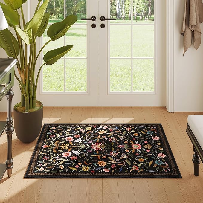 Vintage Medallion Floral Indoor Door Mat 2x3, Machine Washable Entryway Rug, Low Pile Soft Small Carpet, Non-Slip Area Rug for Entrance, Bedroom, Kitchen & Kids Room | Black